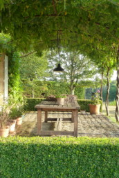 terras met stalen pergola en wisteria in de zomer frankrijk