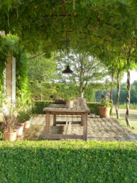 terras met stalen pergola en wisteria in de zomer frankrijk