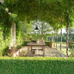 terras met stalen pergola en wisteria in de zomer frankrijk