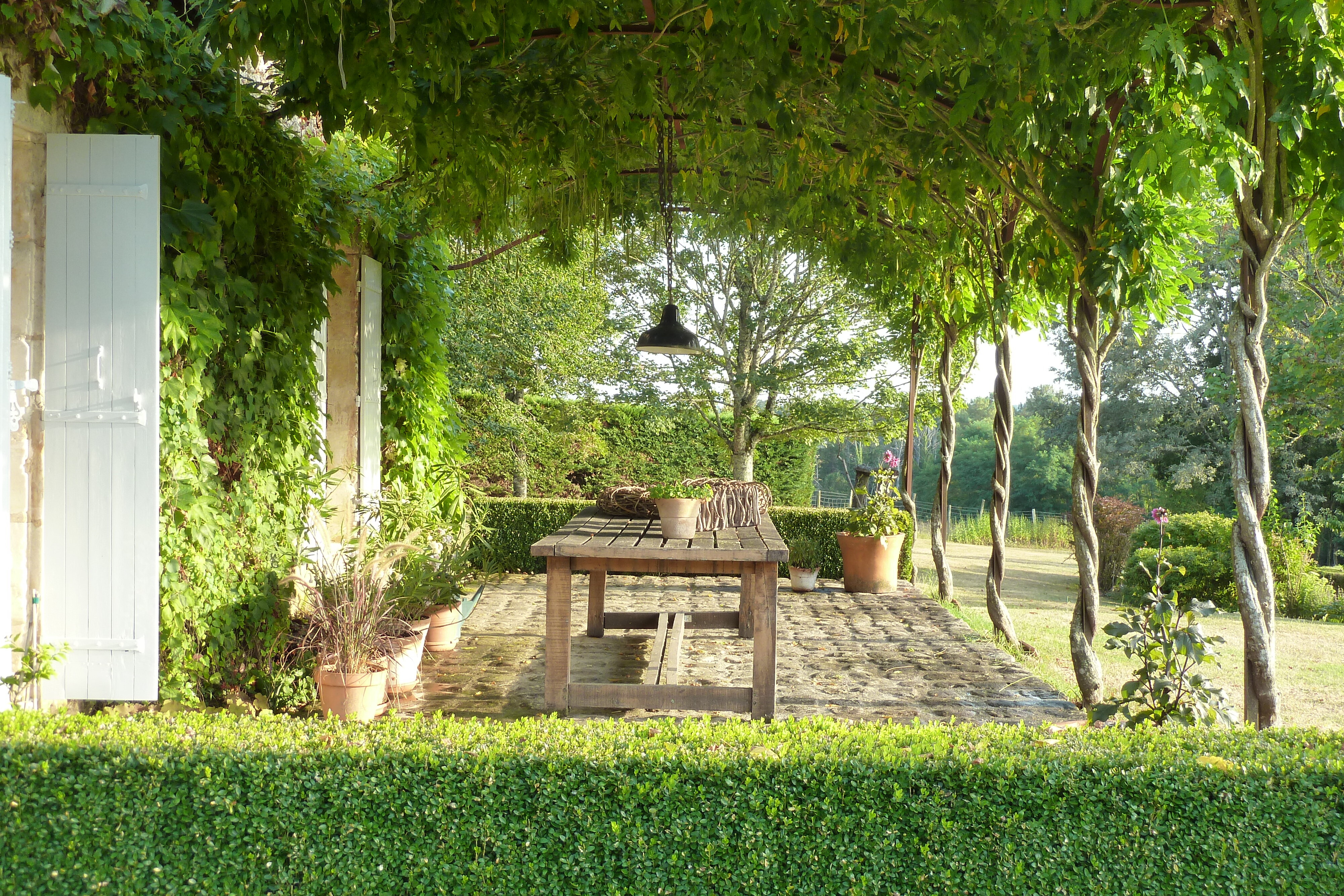 terras met stalen pergola en wisteria in de zomer frankrijk